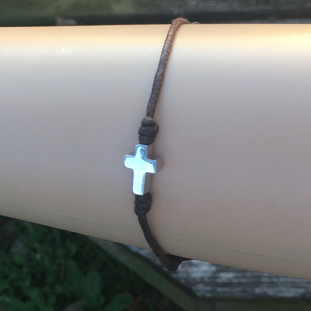 TOUS Brown Cord Bracelet with Stainless Steel Silver Cross Charm, Men Accessory